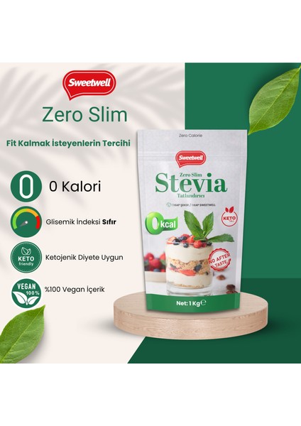 Zero Slim Stevia & Eritritol Tatlandırıcı 1 kg x 3 Adet – Şekersiz, 0 Kalori, Keto ve Vegan Uyumlu