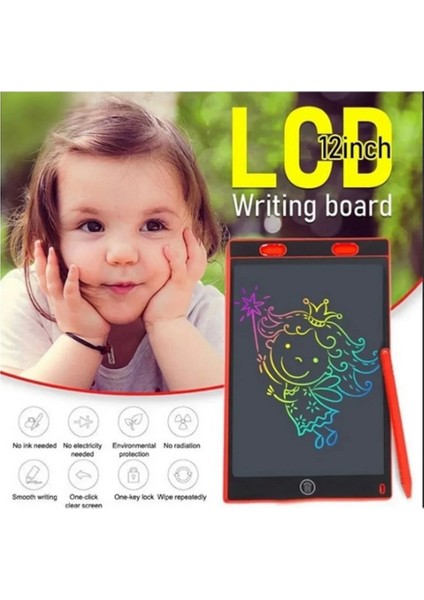 12 Inc Renkli LCD Grafik Dijital Kalemli Çizim Tableti Yazı Tahta Not Yazma Eğitim Tableti Kırmızı