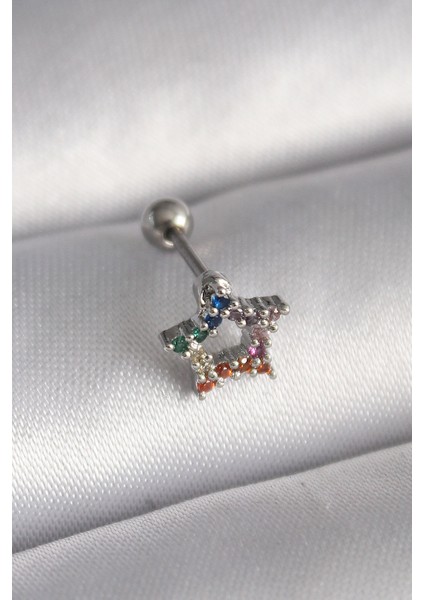 316L Çelik Gümüş Renk Renkli Zirkon Taşlı Yıldız Model Tragus Piercing - TJ-PR1355