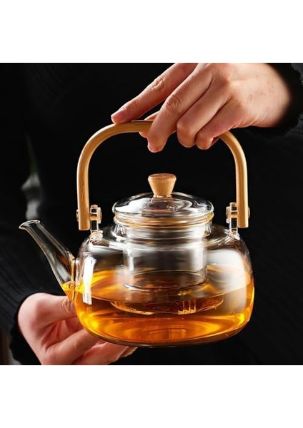 Bambu Saplı Isıya Dayanıklı Borosilikat Cam Süzgeçli Demlik 1000ML, Isıya Dayanıklı Cam Bitki Çayı Demliği 1000ML