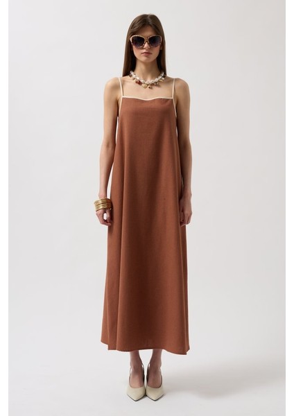 Şerit Detay Keten Maxi Elbise fiyatları