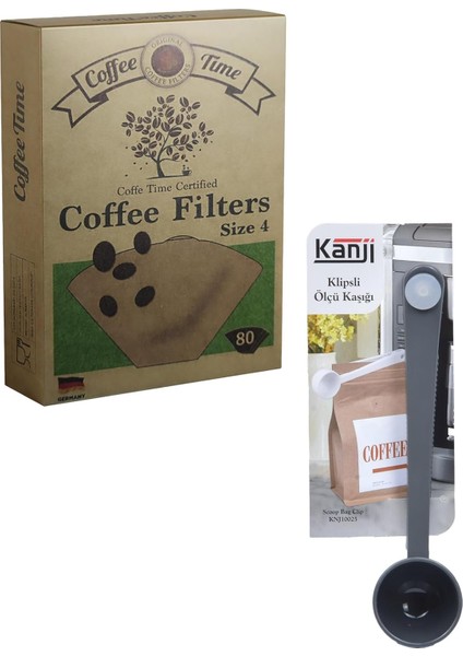 Time Filtre Kahve Kağıdı 1/4 4 Numara 80'li Paket + Kanji Klipsli Çay Kahve Ölçü Kaşığı - Gri