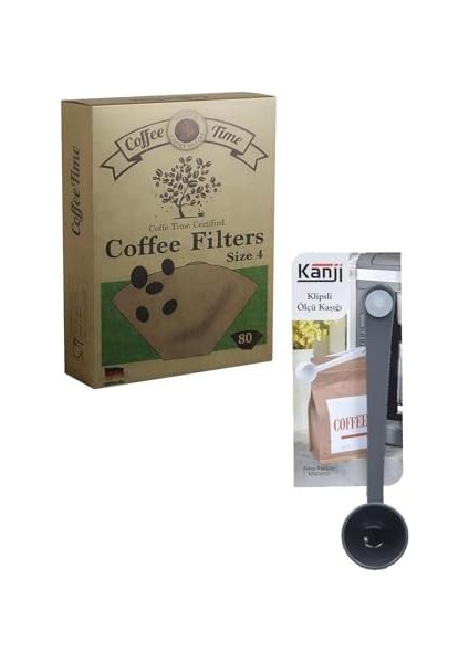 Time Filtre Kahve Kağıdı 1/4 4 Numara 80'li Paket + Kanji Klipsli Çay Kahve Ölçü Kaşığı - Gri