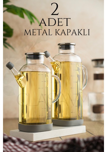 2 'li Set Metal Kapaklı Yağdanlık Cam Borosiklat 750 ml - 1000 ml