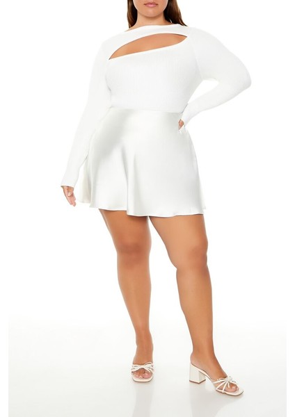 Plus Size Saten Mini Etek