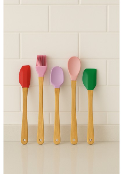 Renkli ve Bambu Saplı Silikon Mini Spatula Seti (5li) fiyatları