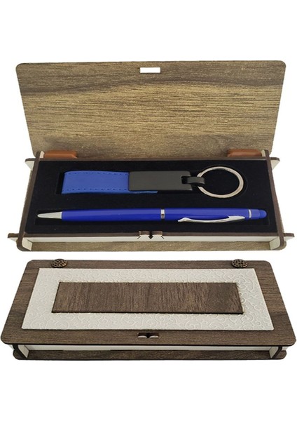 OEM Ahşap Kutulu Mavi Kalem Anahtarlık Set