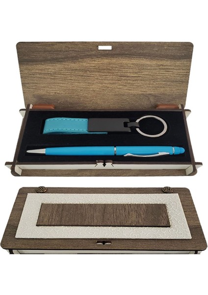 OEM Mavi Kalem ve Anahtarlık Ahşap Kutulu Set