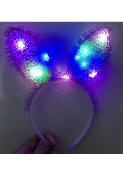 Kenarları Dantelli Mor Pullu Payetli LED Işıklı Tavşan Kulak Taç 23 x 19 cm