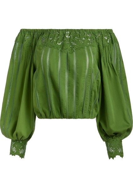 Şık Yeşil Nakışlı Off-Shoulder Bluz