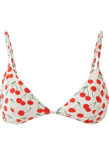 Çarpıcı Kiraz Desenli Bikini Üstü - Beyaz
