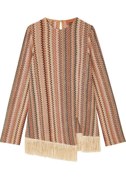 Işıltılı Uzun Kollu Franjeli Bluz - Bej