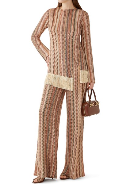 Işıltılı Uzun Kollu Franjeli Bluz - Bej fiyatları