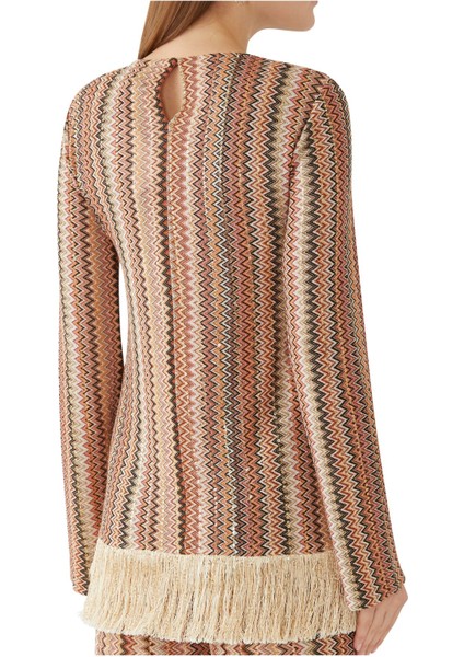 Işıltılı Uzun Kollu Franjeli Bluz - Bej modelleri