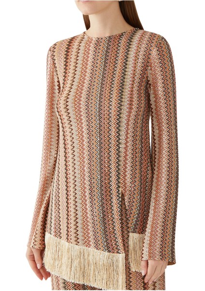 Işıltılı Uzun Kollu Franjeli Bluz - Bej indirimleri
