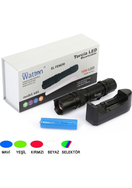 10W 2000 Lümen 4 Renk Güçlü El Feneri Watton WT-605