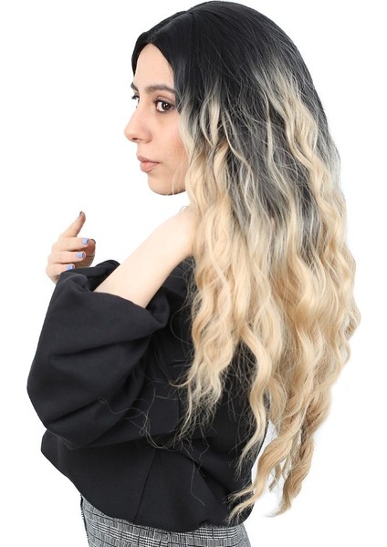 Su Dalgası Uzun Perçemsiz Fiber Sentetik Peruk / Siyah / Balköpüğü Ombreli modelleri