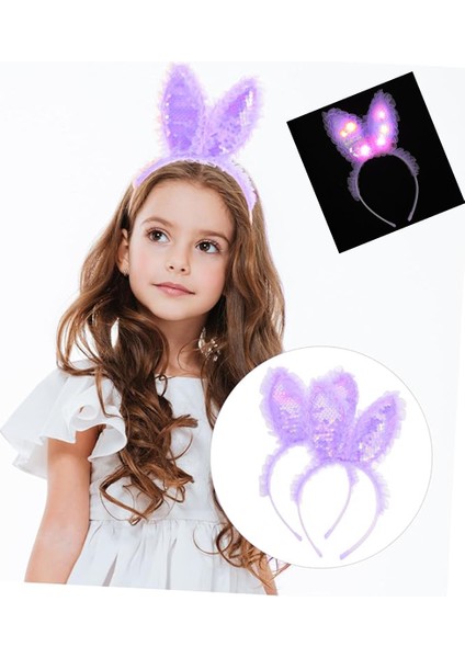Kenarları Dantelli Mor Pullu Payetli LED Işıklı Tavşan Kulak Taç 23X19 cm