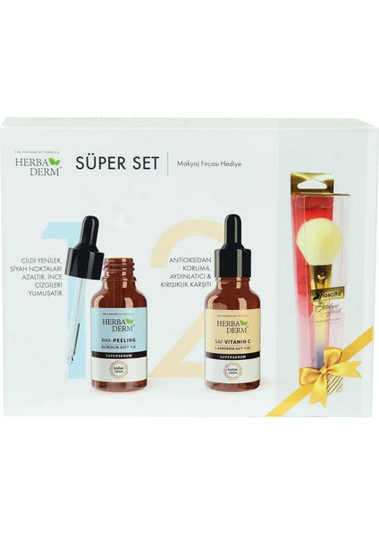 Süper Set Superserum Aha-Peeling 30 ml + Saf Vitamin C 30 ml + Hediye Makyaj Fırçası