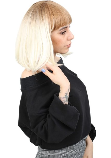 Kısa Küt Perçemli Fiber Sentetik Peruk / Balköpüğü / Platin Ombreli fiyatları