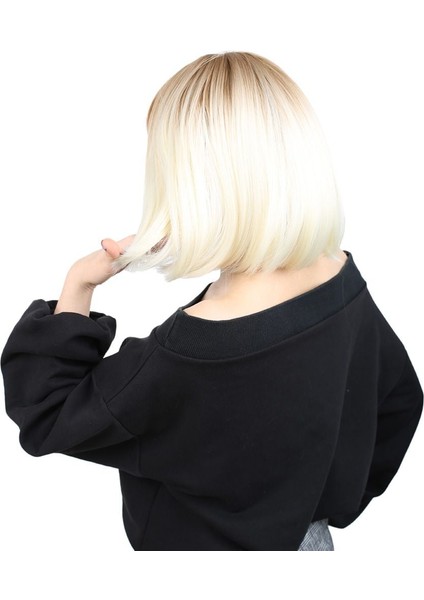 Kısa Küt Perçemli Fiber Sentetik Peruk / Balköpüğü / Platin Ombreli modelleri