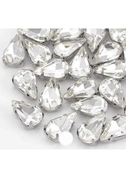 8x13 (1.3cm) Kasalı Dikme Damla Cam Taş Beyaz 50 Adet