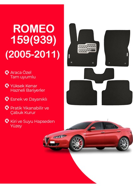 Romeo 159 (939) 2005-2011 Uyumlu Hücreli Yüzey Eva Paspas Seti Paspas Takımı Siyah Yüzey