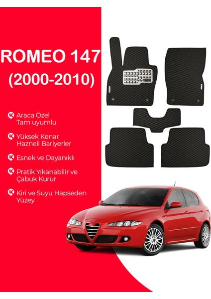 Romeo 147 2000-2010 Uyumlu Hücreli Yüzey Eva Paspas Seti Paspas Takımı Siyah Yüzey