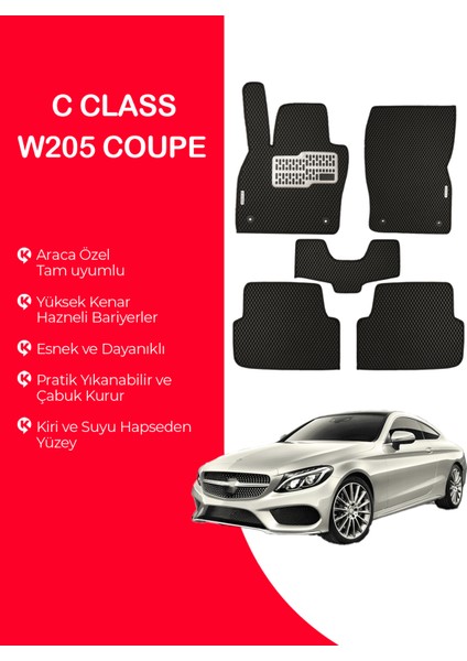 C-Class W205 Coupe 2014-2022 Uyumlu Hücreli Yüzey Eva Paspas Seti Paspas Takımı Siyah Yüzey
