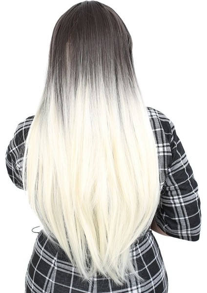 OEM Fiber Sentetik Uzun Düz Kahküllü Peruk / Küllü Siyah / Platin Ombreli fırsatları