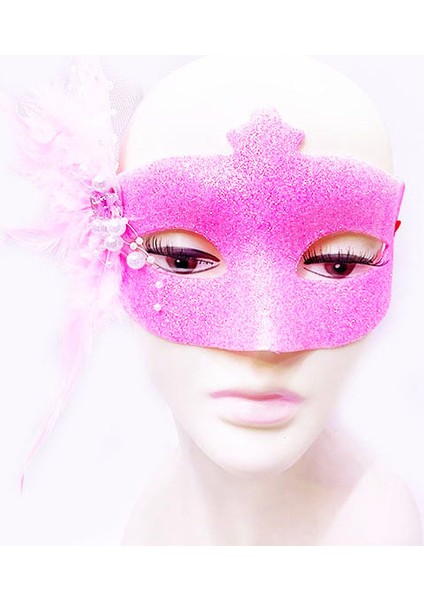 Sim Işlemeli Inci Boncuk Detaylı Tüylü Balo Maskesi Pembe Renk 13X18 cm
