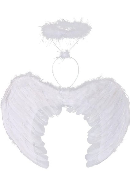 Beyaz Renkli Tüylü Bebek Melek Kanadı ve Tacı 30X45 cm