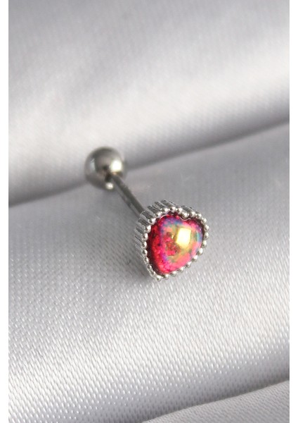 316L Çelik Gümüş Renk Kırmızı Mineli Kalp Tragus Piercing - Lisinya