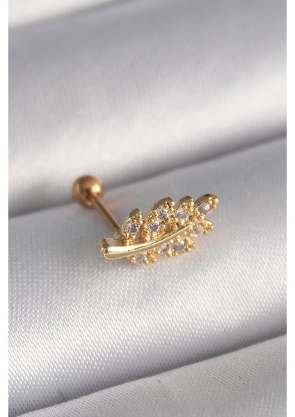 316L Çelik Gold Renk Zirkon Taşlı Dal Tragus Piercing - Lisinya