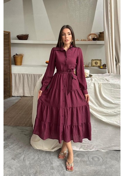 Bordo Çizgi Desenli Uzun Elbise Yeni
