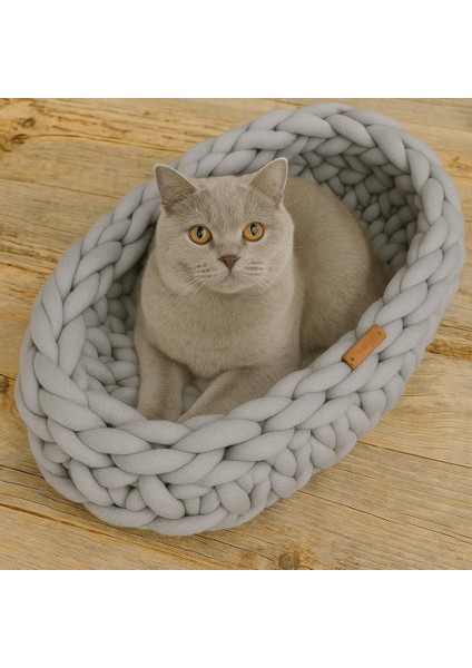 Bohem Stil Yuvarlak Kedi Yatağı | Küçük Köpek Sepet Yuvası | Konforlu & Yumuşak Örgü Evcil Hayvan Yatağı | Koyu Gri Siyah | Şık Ev Dekoru | El Örgüsü | Pamuk
