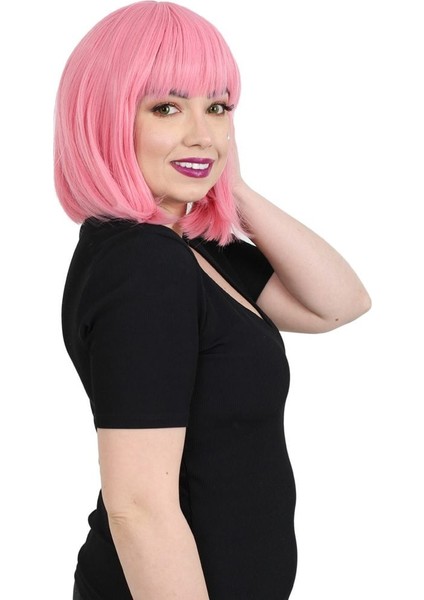 Küt Kahküllü Fiber Sentetik Peruk / Şeker Pembe