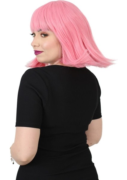 Küt Kahküllü Fiber Sentetik Peruk / Şeker Pembe