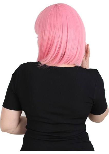 Küt Kahküllü Fiber Sentetik Peruk / Şeker Pembe