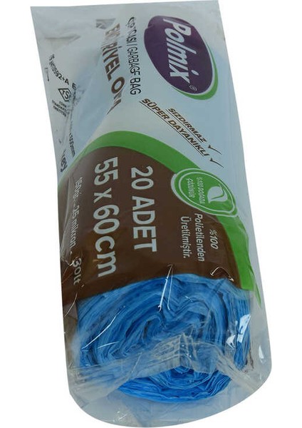 Çöp Torbası Orta Boy 55X60CM 150GR 25MIKRON 30LT Mavi Rulo 20 Adet