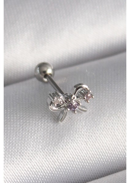 316L Çelik Gümüş Renk Zirkon Taşlı Kurdele Tragus Piercing - Lisinya