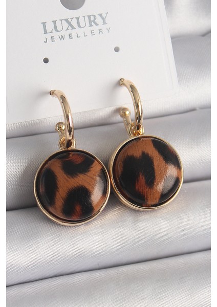 Pirinç Gold Renk Leopar Desenli Daire Model Kadın Küpe