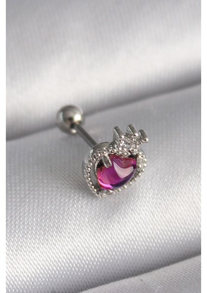 316L Çelik Gümüş Renk Pembe Mineli Kalp Zirkon Taş Detaylı Taç Tragus Piercing - Lisinya