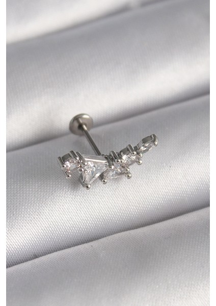 316L Çelik Gümüş Renk Zirkon Taşlı Tragus Piercing - Lisinya