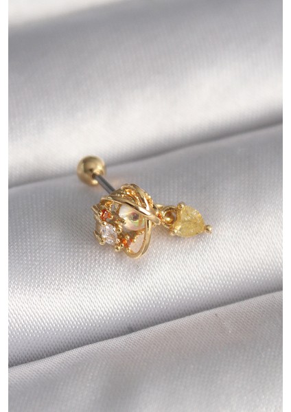 316L Çelik Gold Renk Zirkon Taşlı Sallantı Kalp Detay Tragus Piercing - Lisinya