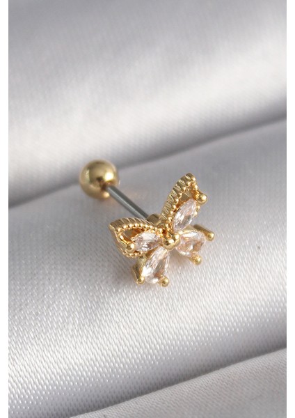 316L Çelik Gold Renk Zirkon Taşlı Kelebek Tragus Piercing - Lisinya