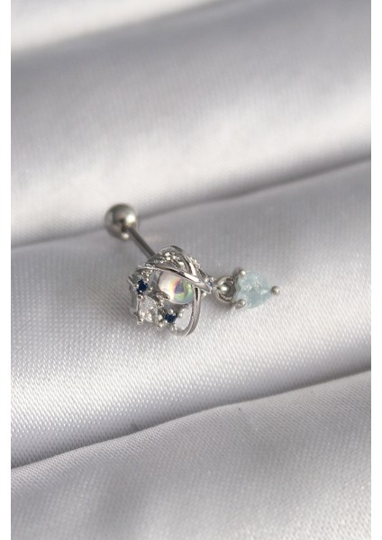 316L Çelik Gümüş Renk Zirkon Taşlı Sallantı Kalp Detay Tragus Piercing - Lisinya