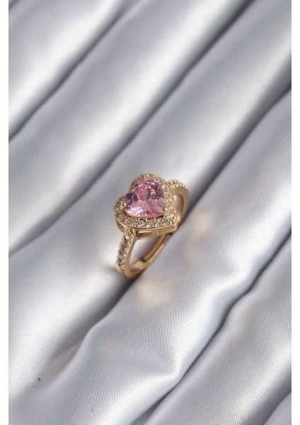 Pirinç Gold Renk Pembe Zirkon Taşlı Charm Kalp Model Kadın Yüzük