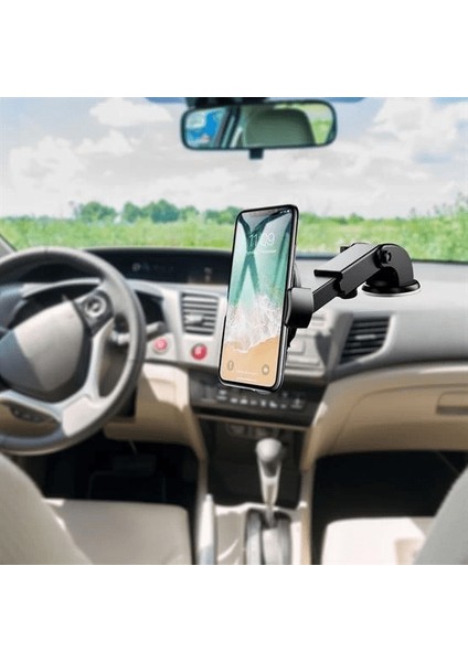 360 Derece Dönen Torpido Üstü Uzunluk Ayarlamalı Vantuzlu Teleskopik Araç Telefon Tutucu ( Lisinya )