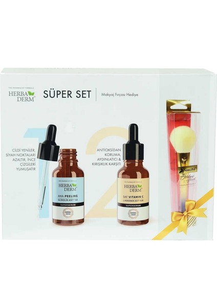 Süper Set Superserum Aha-Peeling 30 ml + Saf Vitamin C 30 ml + Hediye Makyaj Fırçası